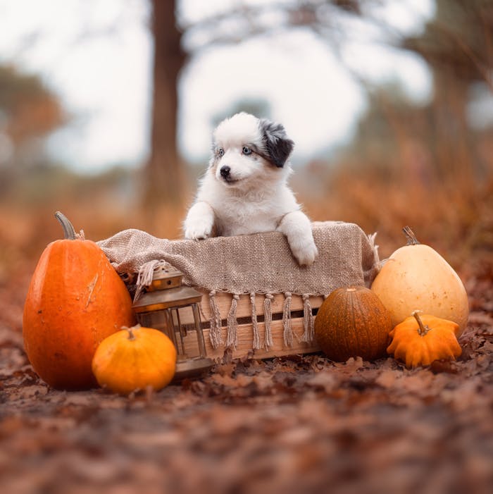 Cute puppy in a basket surrounded by pumpkins in a fall setting.